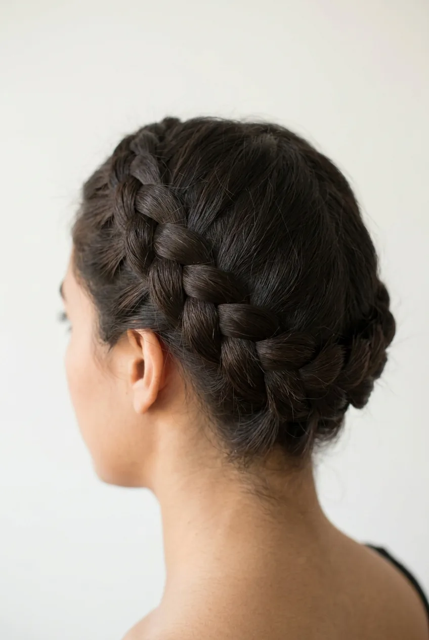 Dutch crown braid wrapping around head showing raised three-dimensional braiding effect