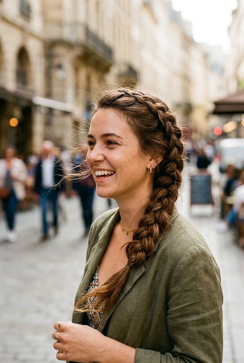 Young woman with Dutch side braid showing raised pattern crossing diagonally across head