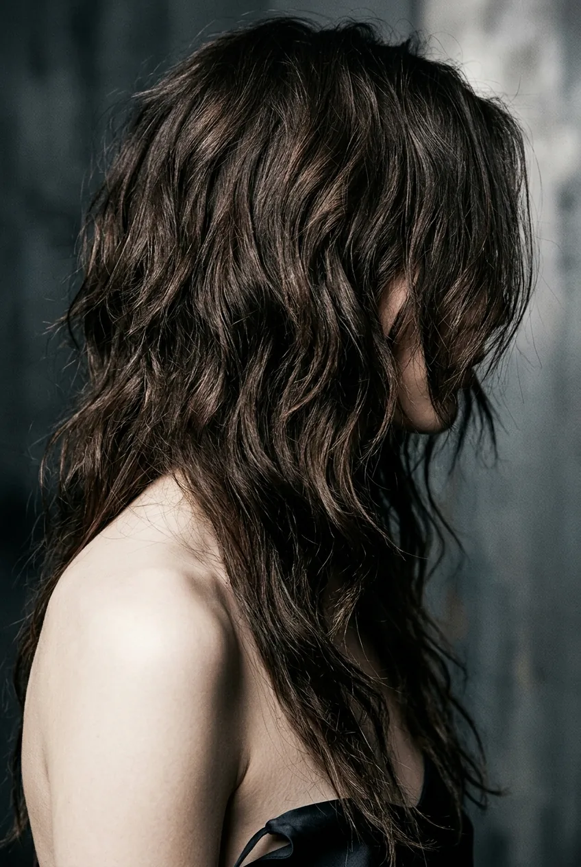 Edgy asymmetrical long waves with confident bold styling showing unique dramatic layering technique