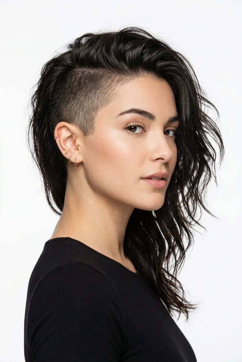 Woman with edgy undercut paired with longer flowing layers on top