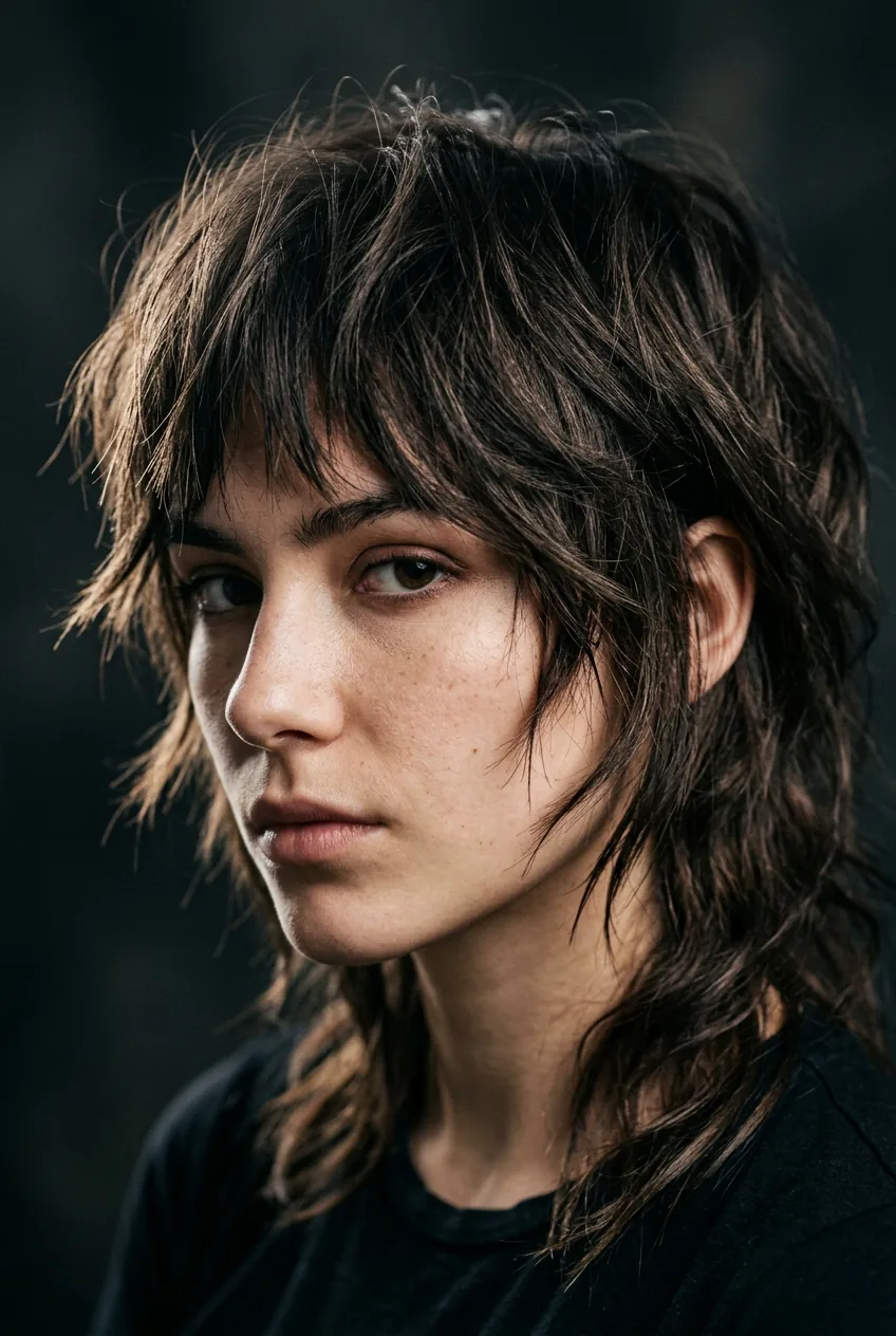 Wolf cut hairstyle featuring edgy choppy front pieces with dramatic layered texture