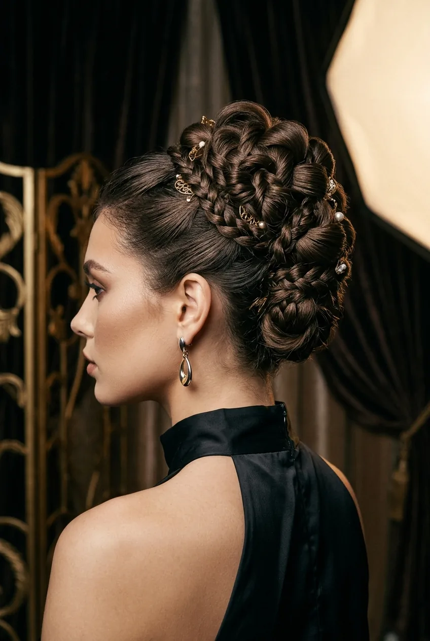 Fashion angle of professional editorial updo with intricate styling details