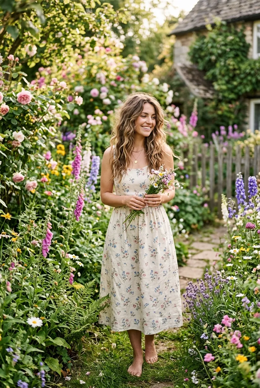 Woman with effortless beach waves showing natural texture in cottagecore flower garden setting