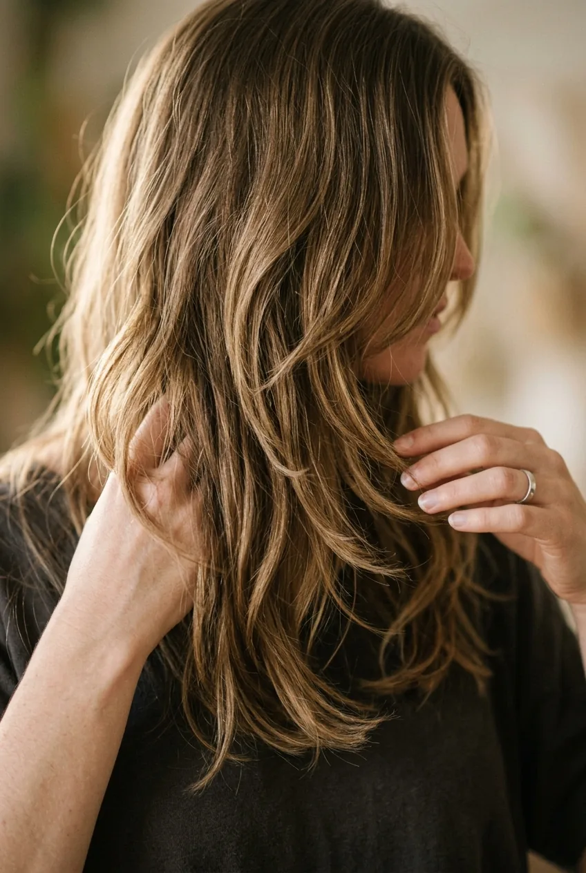 Effortlessly styled long layered hair showing natural texture and movement
