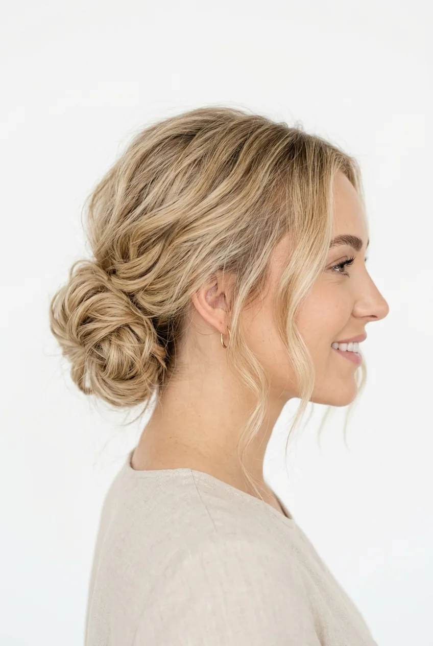 Woman with effortless low side bun showing textured asymmetrical positioning and soft pieces