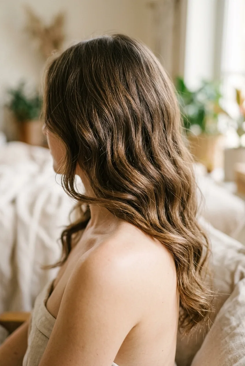 Soft effortless waves falling naturally over bare shoulder showing minimal styling and casual texture