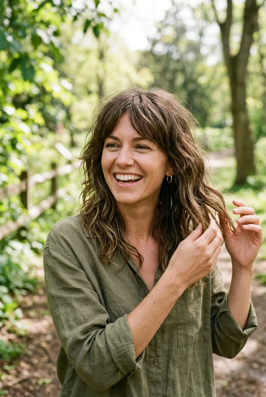 Woman with shoulder-length shag demonstrating effortless air-dried styling in natural setting
