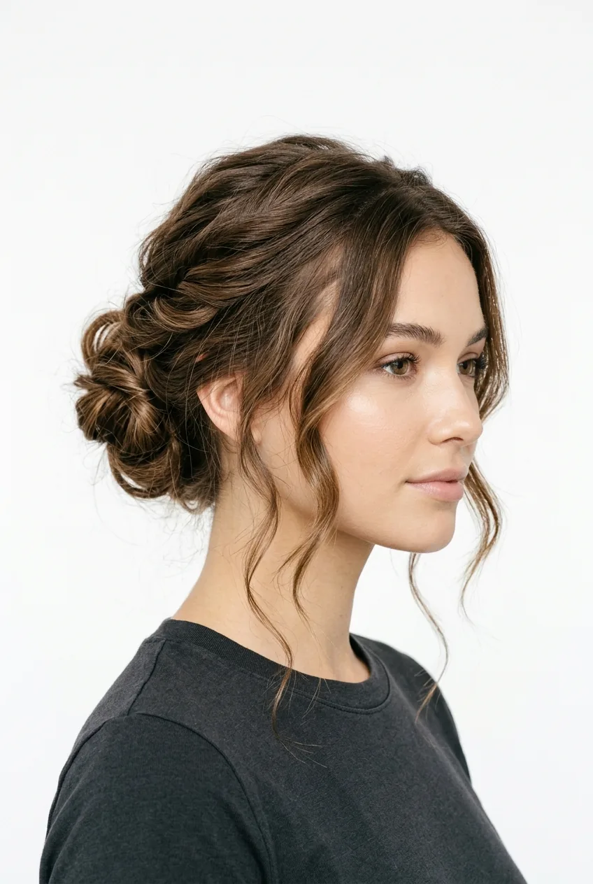 Woman with effortless updo featuring loose bun and soft face-framing pieces