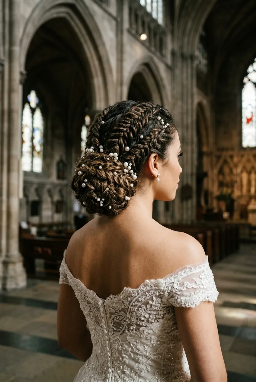 Elaborate braided wedding updo with multiple braid patterns and decorative pearl pins from back angle