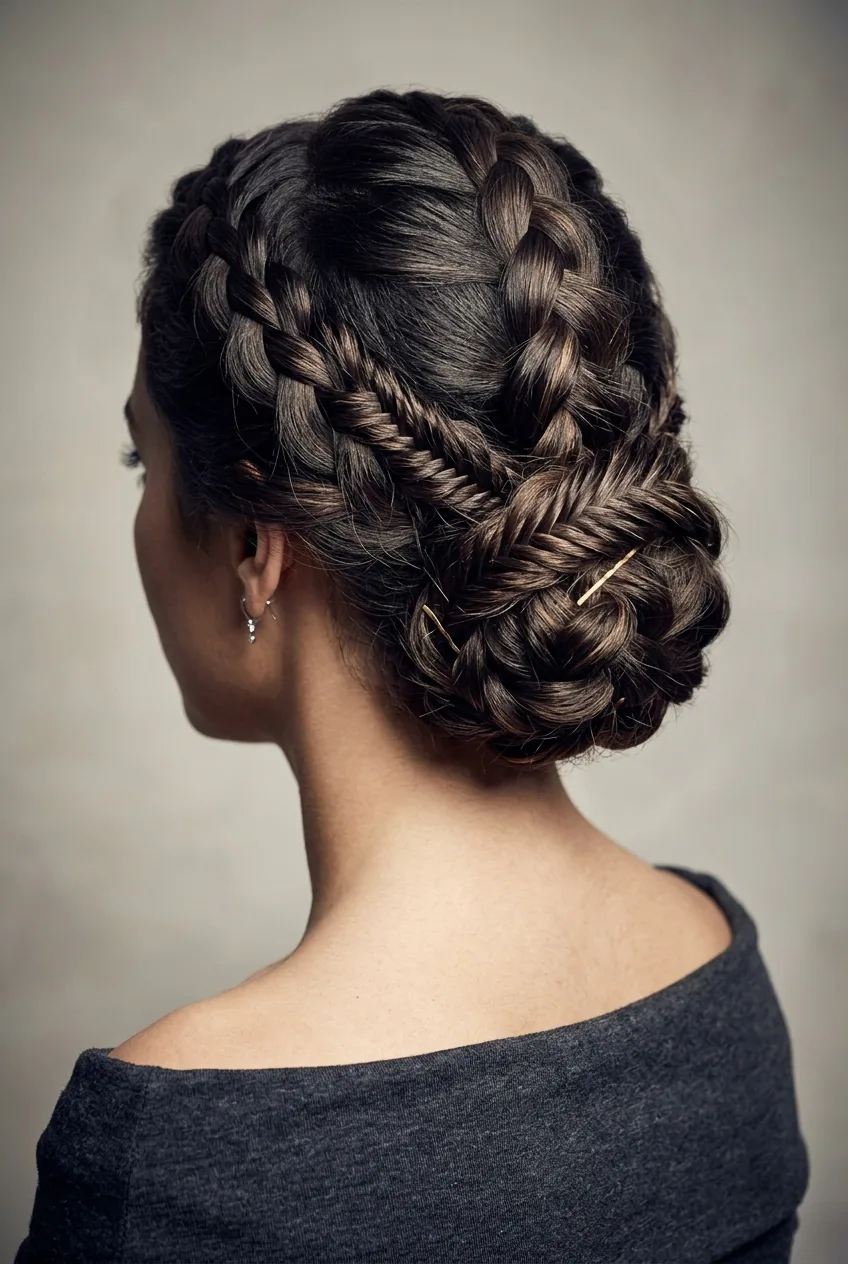 Elaborate French braid updo showing multiple advanced techniques woven into sculptural hairstyle