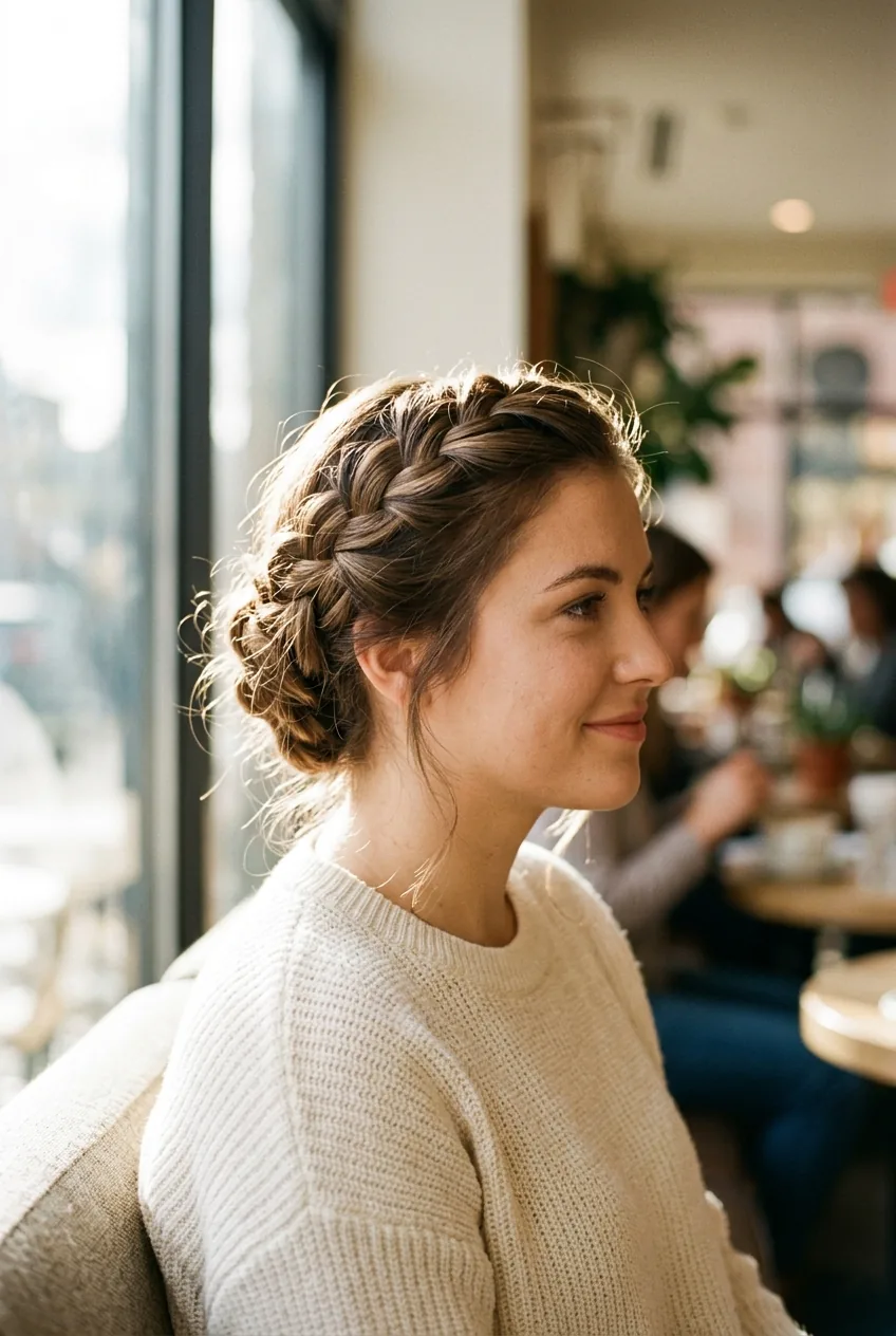Woman with elaborate waterfall braid updo showing cascading hair sections in natural light