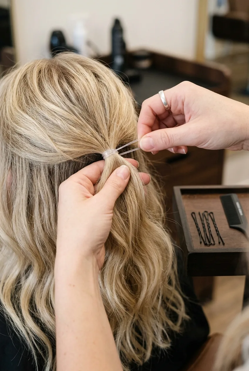Close-up of clear elastic being wrapped around half up section with bobby pins nearby