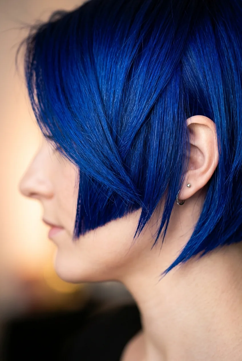 Woman with electric blue asymmetrical bob cut showing sharp geometric lines and piece-y texture