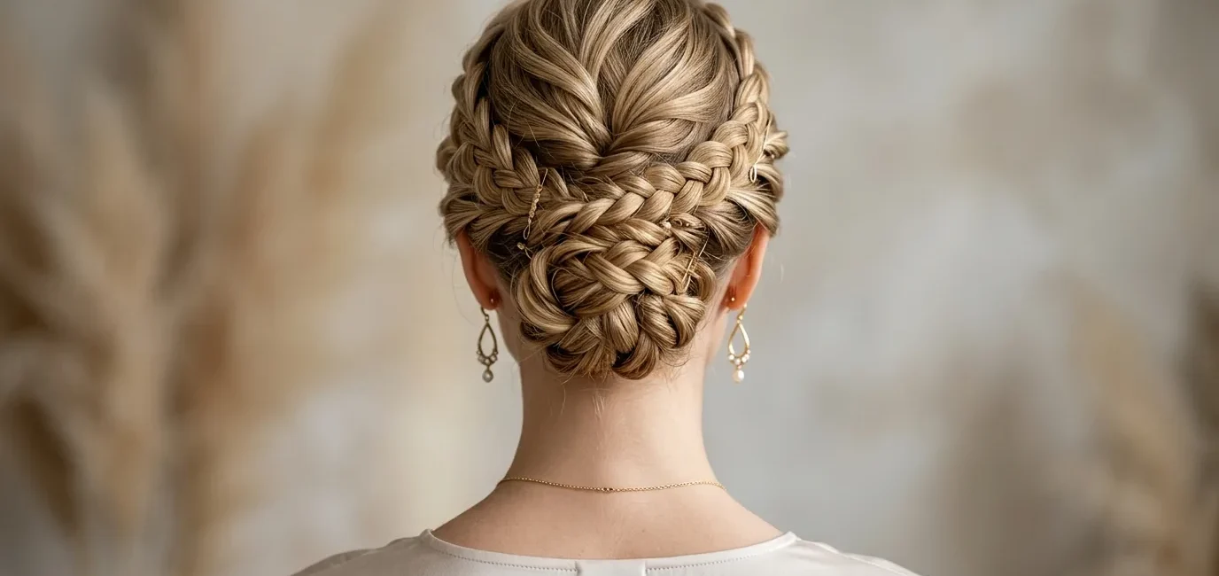 Woman with elegant braided updo showing intricate pin placement and twisted sections at nape of neck