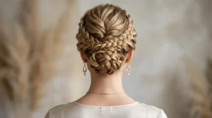 Woman with elegant braided updo showing intricate pin placement and twisted sections at nape of neck