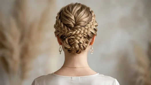 Woman with elegant braided updo showing intricate pin placement and twisted sections at nape of neck