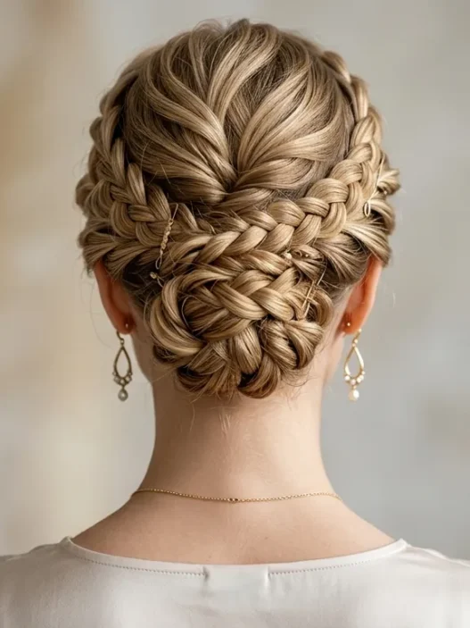Woman with elegant braided updo showing intricate pin placement and twisted sections at nape of neck