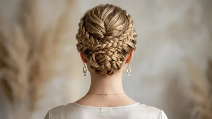 Woman with elegant braided updo showing intricate pin placement and twisted sections at nape of neck