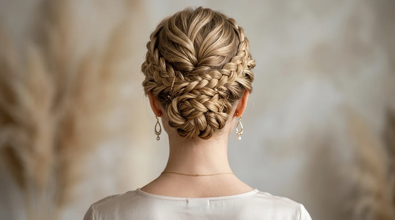 Woman with elegant braided updo showing intricate pin placement and twisted sections at nape of neck
