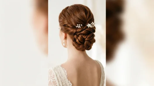 Elegant bridal updo from behind showing twisted sections and bobby pin placement at nape of neck