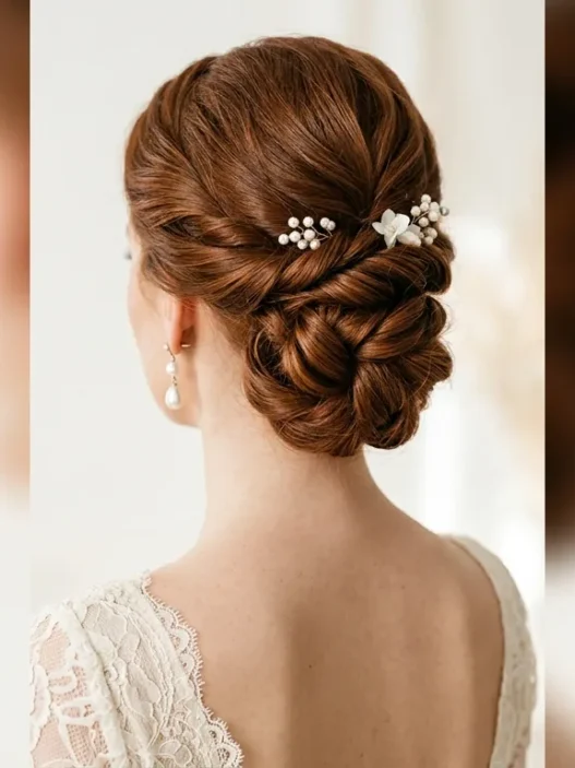 Elegant bridal updo from behind showing twisted sections and bobby pin placement at nape of neck