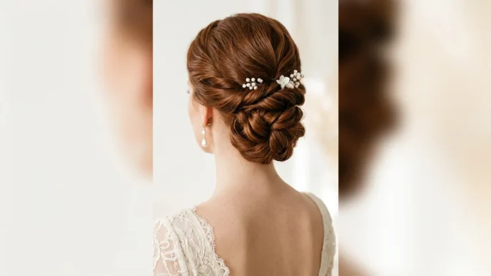 Elegant bridal updo from behind showing twisted sections and bobby pin placement at nape of neck
