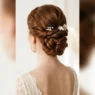 Elegant bridal updo from behind showing twisted sections and bobby pin placement at nape of neck