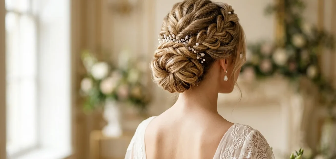 Elegant bridal updo from behind showing pin placement and twisted hair sections at nape of neck