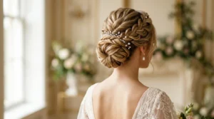 Elegant bridal updo from behind showing pin placement and twisted hair sections at nape of neck