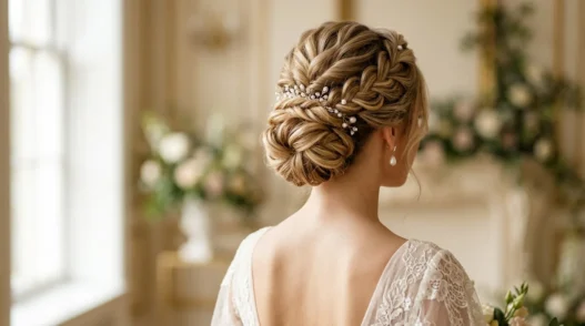 Elegant bridal updo from behind showing pin placement and twisted hair sections at nape of neck