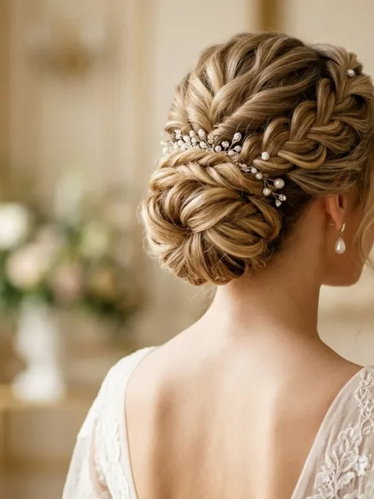 Elegant bridal updo from behind showing pin placement and twisted hair sections at nape of neck
