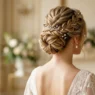 Elegant bridal updo from behind showing pin placement and twisted hair sections at nape of neck