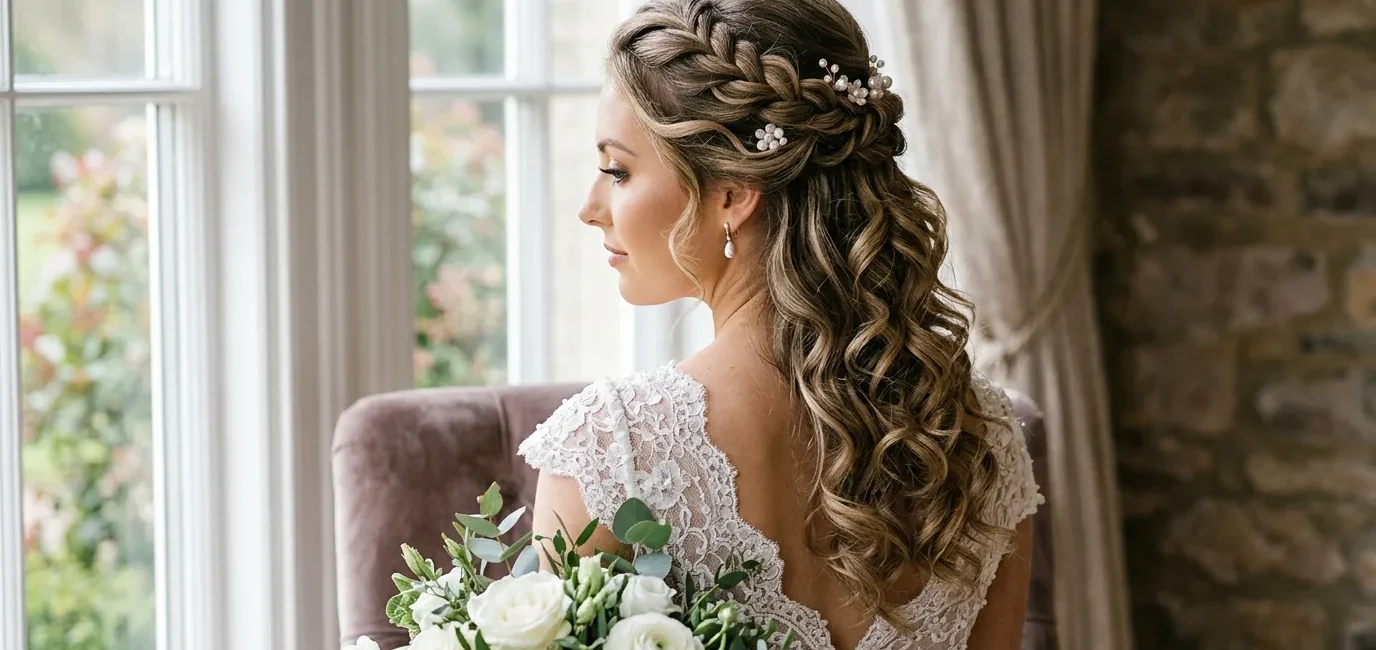 Bride with elegant half up half down wedding hairstyle featuring romantic curls and pearl pins in soft lighting