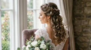 Bride with elegant half up half down wedding hairstyle featuring romantic curls and pearl pins in soft lighting