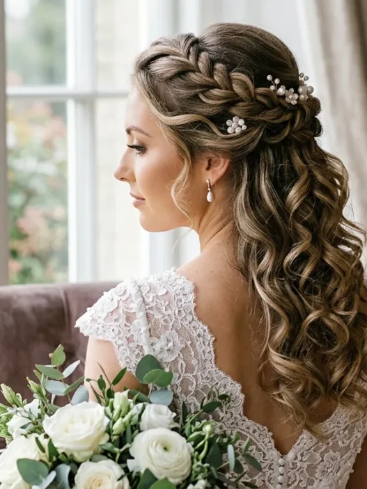 Bride with elegant half up half down wedding hairstyle featuring romantic curls and pearl pins in soft lighting