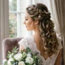 Bride with elegant half up half down wedding hairstyle featuring romantic curls and pearl pins in soft lighting