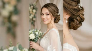 Bride with elegant chignon updo hairstyle in professional studio portrait