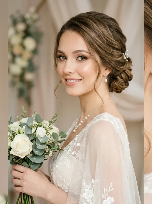 Bride with elegant chignon updo hairstyle in professional studio portrait