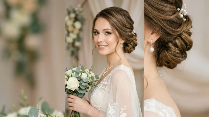 Bride with elegant chignon updo hairstyle in professional studio portrait