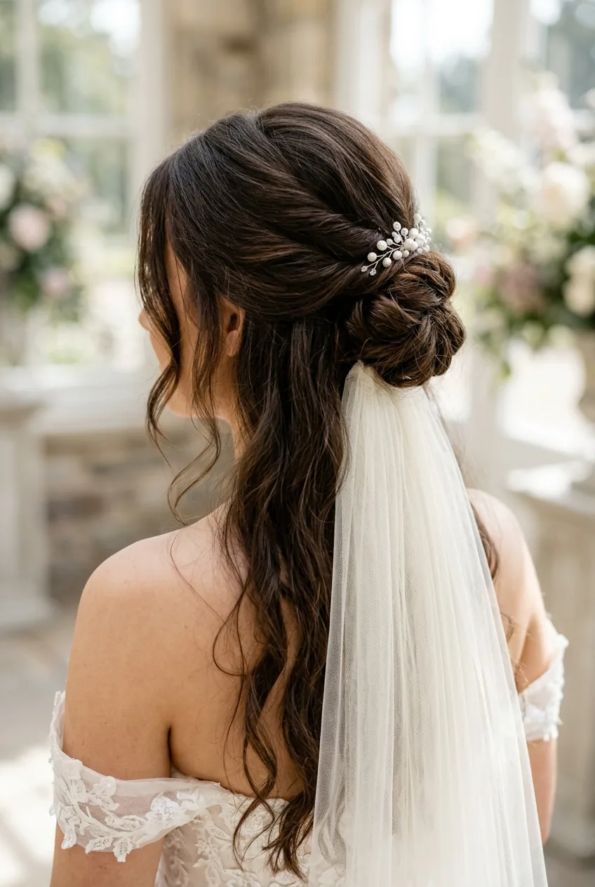 Elegant chignon half-up style showing low chignon gathering point with romantic flowing hair below