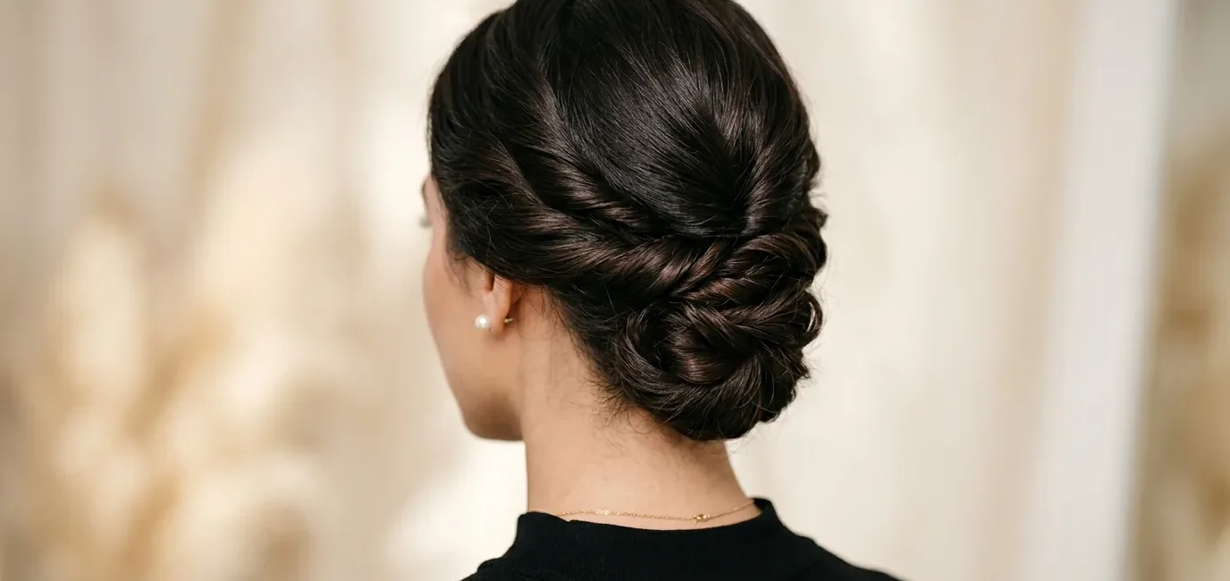 Elegant low chignon updo from behind showing twisted hair sections at the nape with pearl earrings visible
