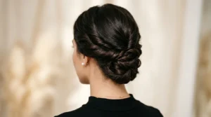 Elegant low chignon updo from behind showing twisted hair sections at the nape with pearl earrings visible