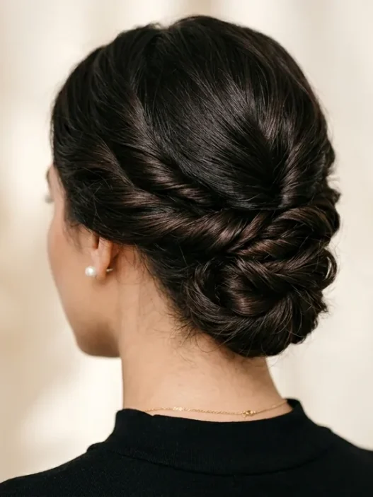 Elegant low chignon updo from behind showing twisted hair sections at the nape with pearl earrings visible
