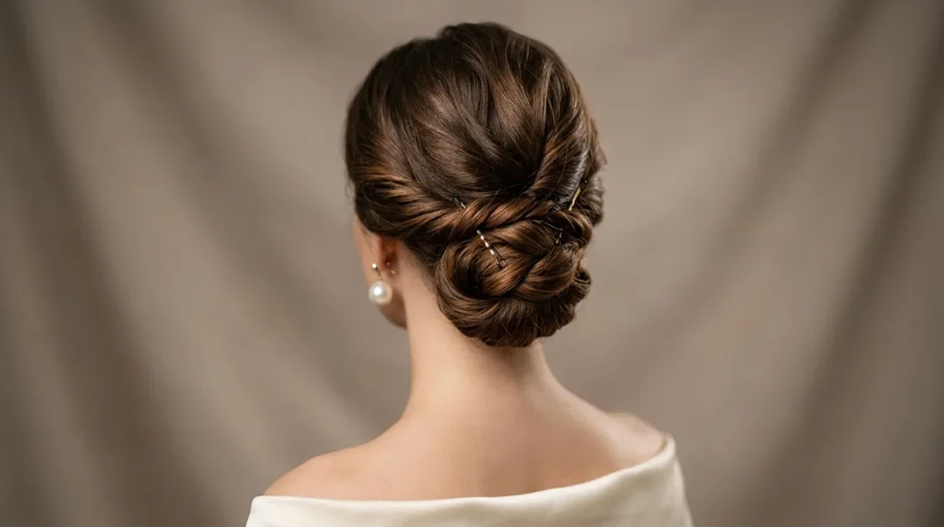 Close-up view of elegant chignon updo from behind showing strategic bobby pin placement and twisted sections at nape