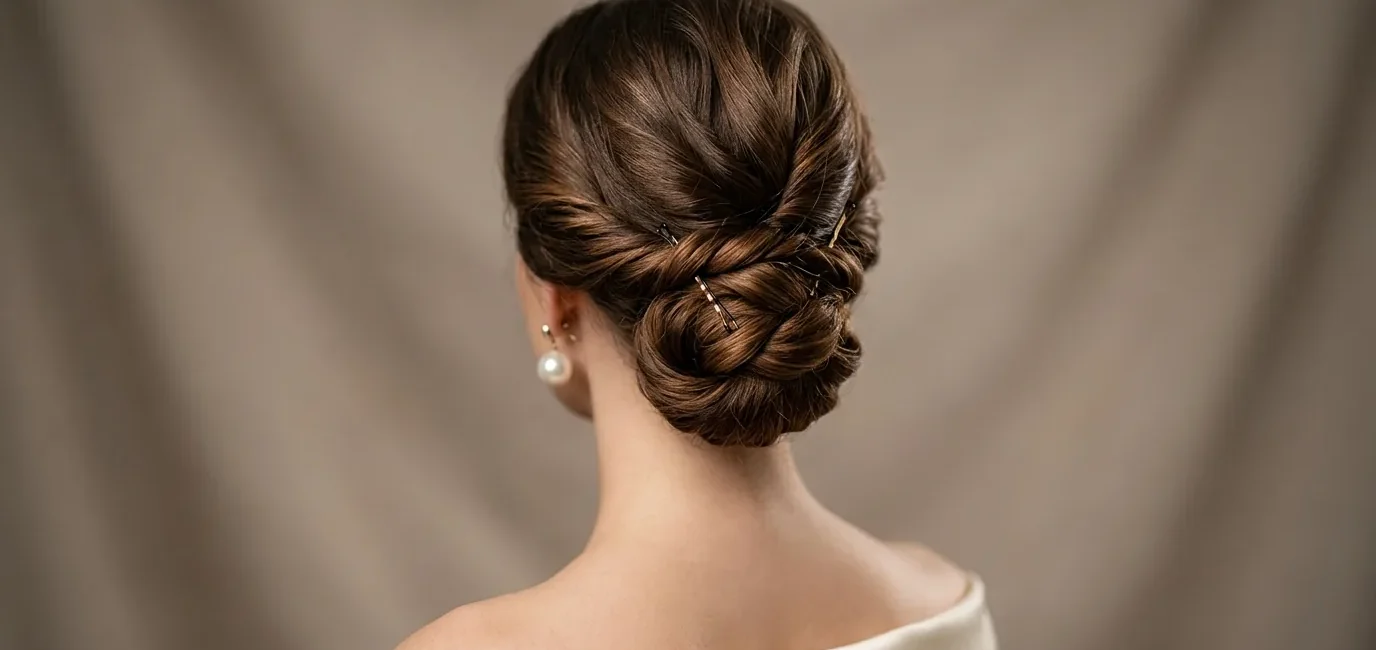 Close-up view of elegant chignon updo from behind showing strategic bobby pin placement and twisted sections at nape