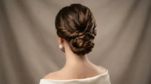 Close-up view of elegant chignon updo from behind showing strategic bobby pin placement and twisted sections at nape