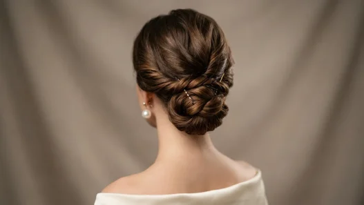 Close-up view of elegant chignon updo from behind showing strategic bobby pin placement and twisted sections at nape