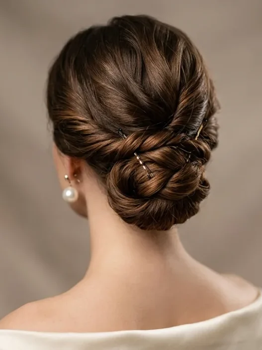 Close-up view of elegant chignon updo from behind showing strategic bobby pin placement and twisted sections at nape