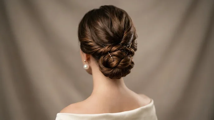 Close-up view of elegant chignon updo from behind showing strategic bobby pin placement and twisted sections at nape