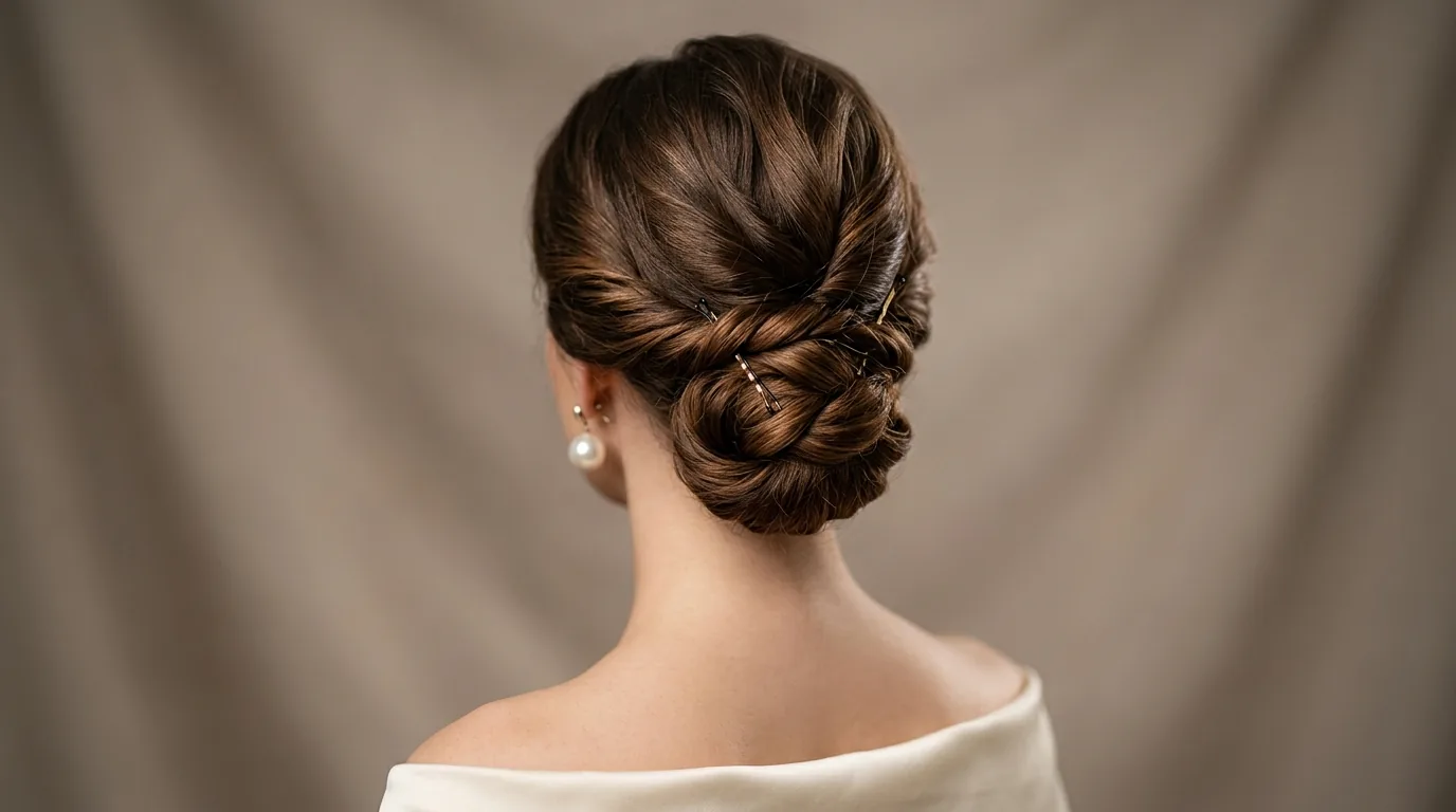 Close-up view of elegant chignon updo from behind showing strategic bobby pin placement and twisted sections at nape